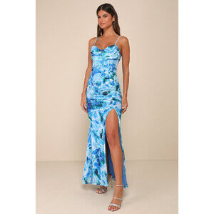 Lulus Stunning Wonder Blue Floral Mesh Bustier Mermaid Maxi Dress - Size M
